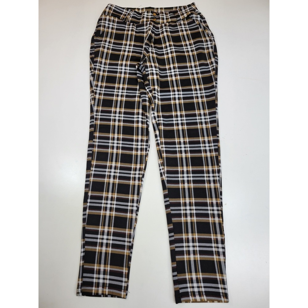 Ndero Womens L XL Plaid Pants Black Mustard Stretch Pull On Trousers Straight...
